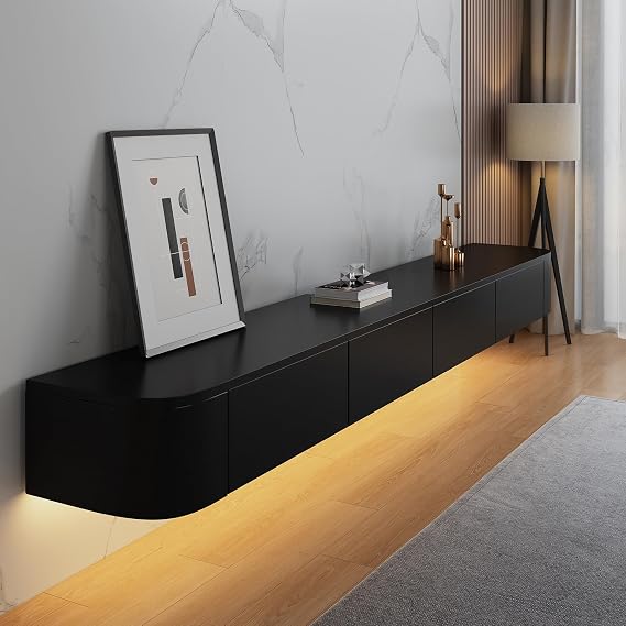 Floating TV Stand, 47-118 in Wall Mounted TV Cabinet,TV Stand with Door, Modern TV Media Console Center Large Storage TV Shelf for Living Room/Bedroom (Black-Light, 78.7IN)