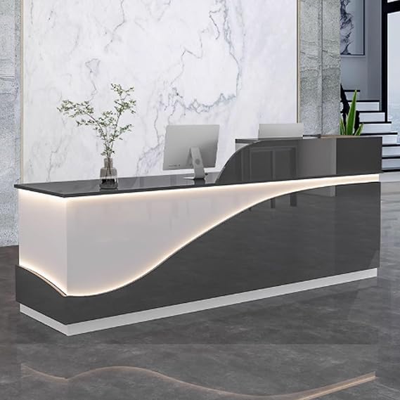 Modern Reception Desk for Office, Reception Counter Table, Front Desk Reception, Office Counter Table Engineered Wood with Light Strips for Beauty Salons(Black+White,120cm)