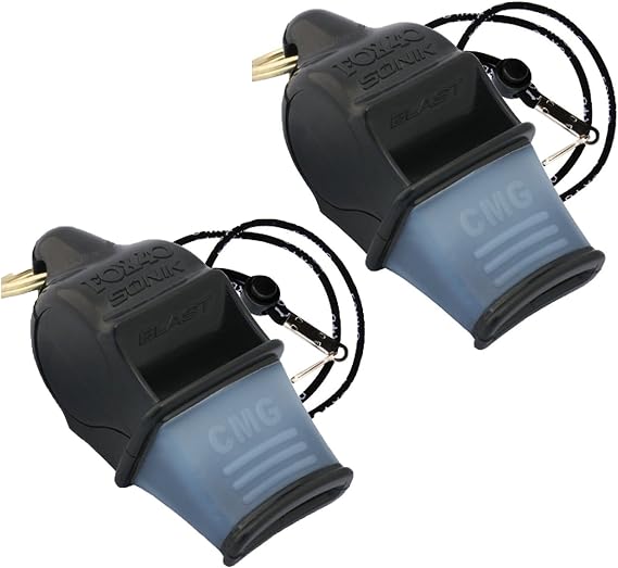 Fox 40 Sonik Blast Cushion Mouth Group Sports and Safety Loud Coach Referee Whistle with Lanyard, Black (2 Pack)