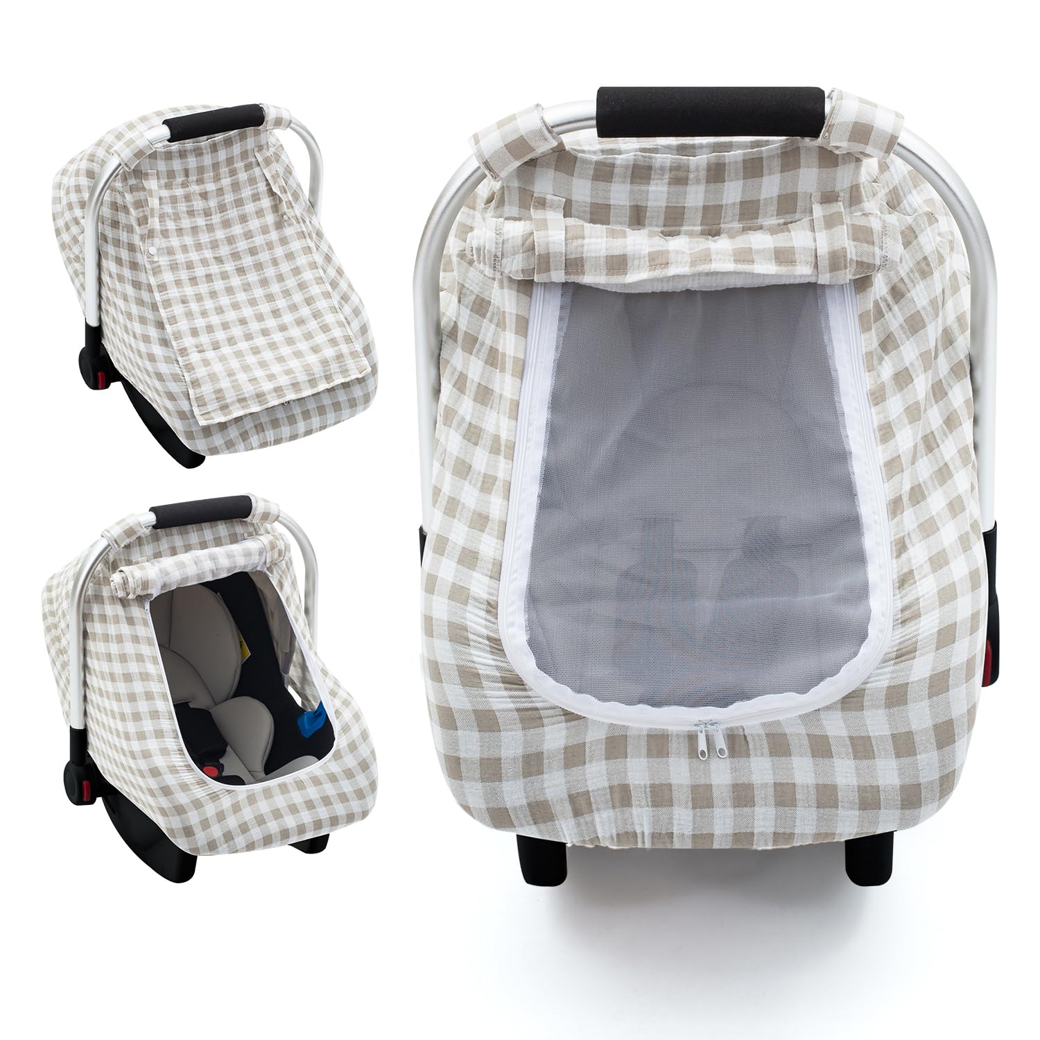 Muslin Car Seat Cover Baby, Summer Infant Carseat Covers with Breathable Window, Lightweight Car Seat Sun Shade Cover for Girls Boys, Fit Spring Summer Brown