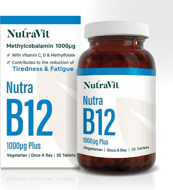 NUTRA B12 Plus - 1000mcg Vitamin B12 Tablets (Methylcobalamin) - 30 Tablets - High Strength Methylcobalamin Vitamin for Tiredness & Fatigue - Vitamin C, D, Folate - Vegetarian - NutraVit
