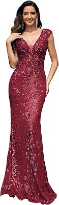 Womens Sequined Long Evening Gown Glamous Sleeveless V-Neck Mermaid Prom Dress for Wedding Party Club Occasions