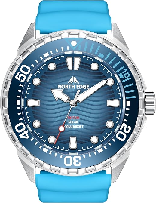 NORTH EDGE Solar Powered Dive Watch Mens Watch, 1000FT/300M Water Resistance, Luminous Dial, Silicone Strap 45.8MM