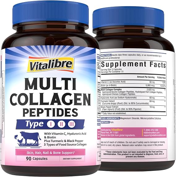 Vitalibre Multi Collagen Peptides, Hydrolyzed, Type I, II, III, Vitamin C, Biotin, Hyaluronic Acid, Turmeric & Black Pepper, Skin, Hair, Nail & Mobility Support, Non-GMO, 90 Caps