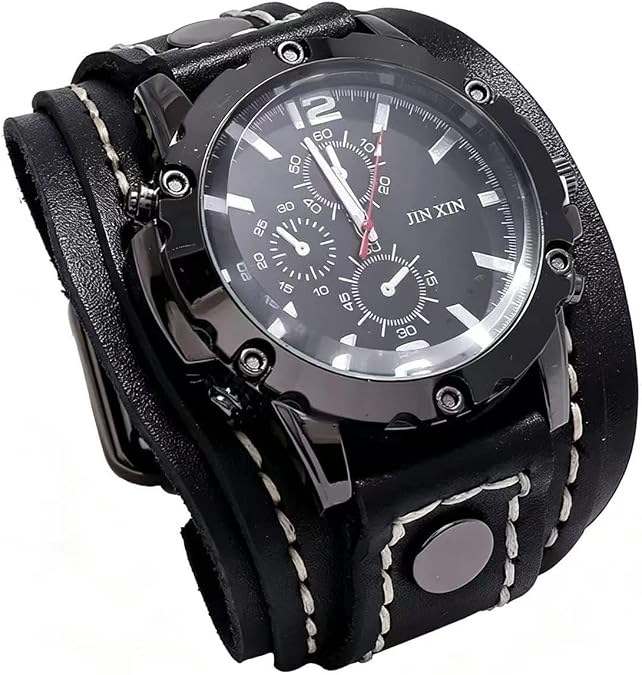 MINILUJIA Handmade Sewn with Wax Rope Men Watches Vintage Punk Hiphop Gothic Wide Genuine Leather Fashion Cuff Round Quartz Wristwatch Big Dial Black Brown