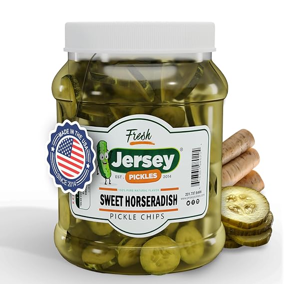 Jersey Pickles - Sweet Horseradish Chips (Half Gallon) - Fresh, Keto-Friendly, and Perfect for Snacks, Sandwiches, or Salads The perfect Pickle Jars Cornichon for Families or Gatherings