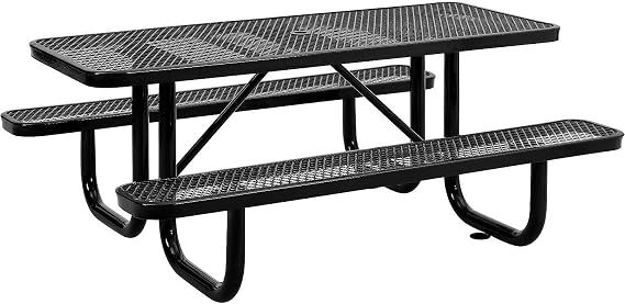 Global Industrial 6L Rectangular Picnic Table, Expanded Metal, Black Thermoplastic Coating, Attached Benches, 1-1/2 Umbrella Pole Hole, Outdoor-Rated, 1000 lb Capacity, 72 x 30 Tabletop