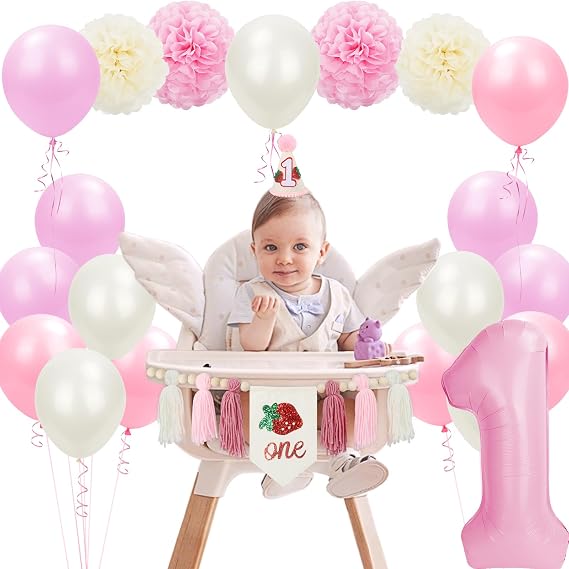 First Birthday High Chair Banner Decorations Kit - Pink Theme Yarn Tassel Decorations with 1st Birthday Party Highchair Banner, Number 1 Balloon, Conical Cap,15 pcs Balloons Party Supplies