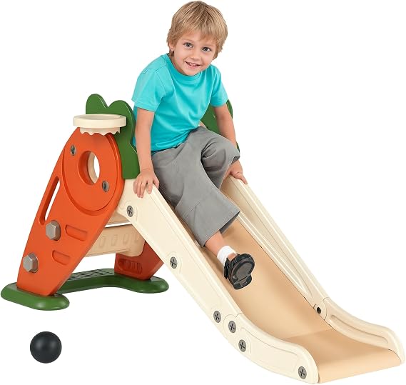 AIYAPLAY Kids Slide 3 in 1 Foldable Toddler Slide Basketball Hoop Orange