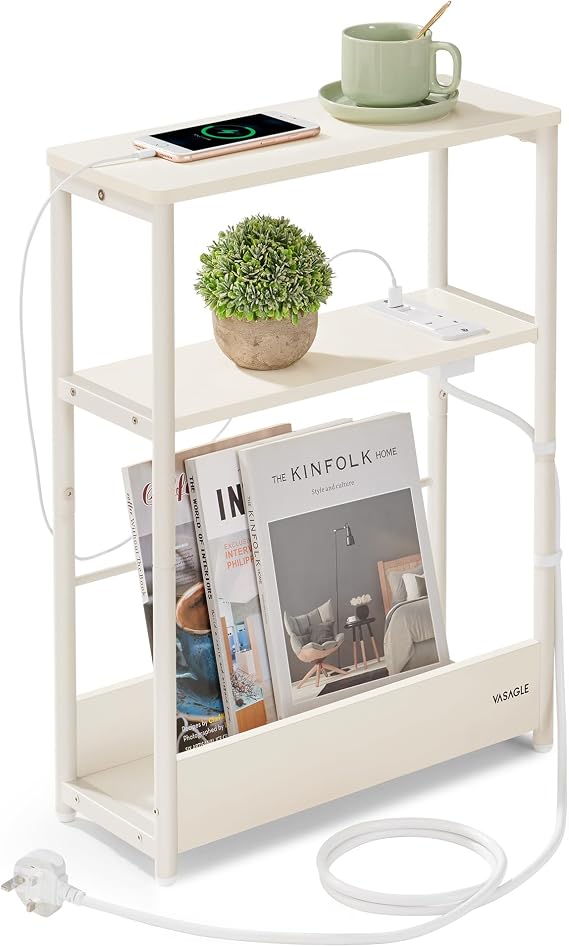 VASAGLE 3-Tier Slim Side Table with Charging Station