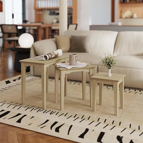 Kmax Nesting Tables Set of 3, Small Sofa Side Table Rustic Stacking End Table Rectangle Solid Wood Coffee Tables for Small Space - Ashes White
