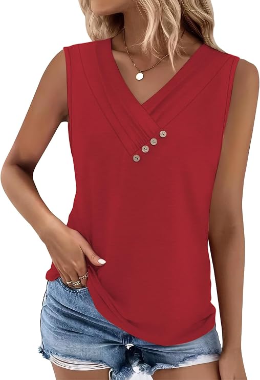 iChunhua Pleated V Neck Going Out Tops for Women Summer,Sleeveless Longline Tank Vest with Buttons