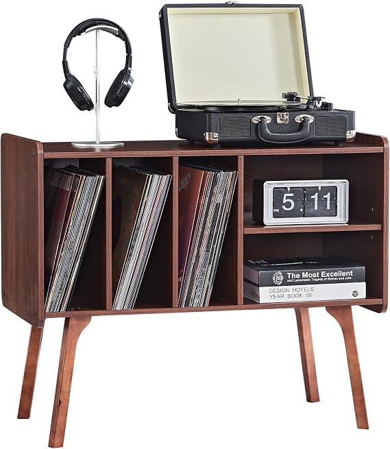 LELELINKY Record Player Stand, 4 Compartments, Holds Up to 220 Records