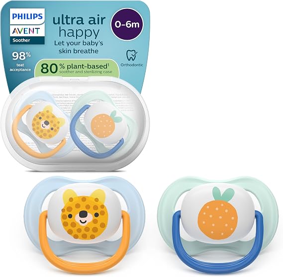 Philips Avent Ultra air Soothers - Orthodontic, Babies 0-6 Months, Soft Silicone Teat, BPA-Free, Sterilising Case, 2 Pack, SCF080/23