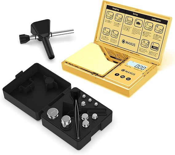 MAXUS Gram Scale 200g x 0.01g and Precision Calibration Weights Set with Powder Trickler