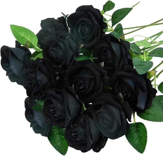 12pcs Black Artificial Roses, Single Long Stem Fake Rose Silk Flowers Faux | Rose Bridal Bouquet Realistic Flower for DIY Living Room Garden Wedding Party Decoration, Table Centerpieces Arrangement