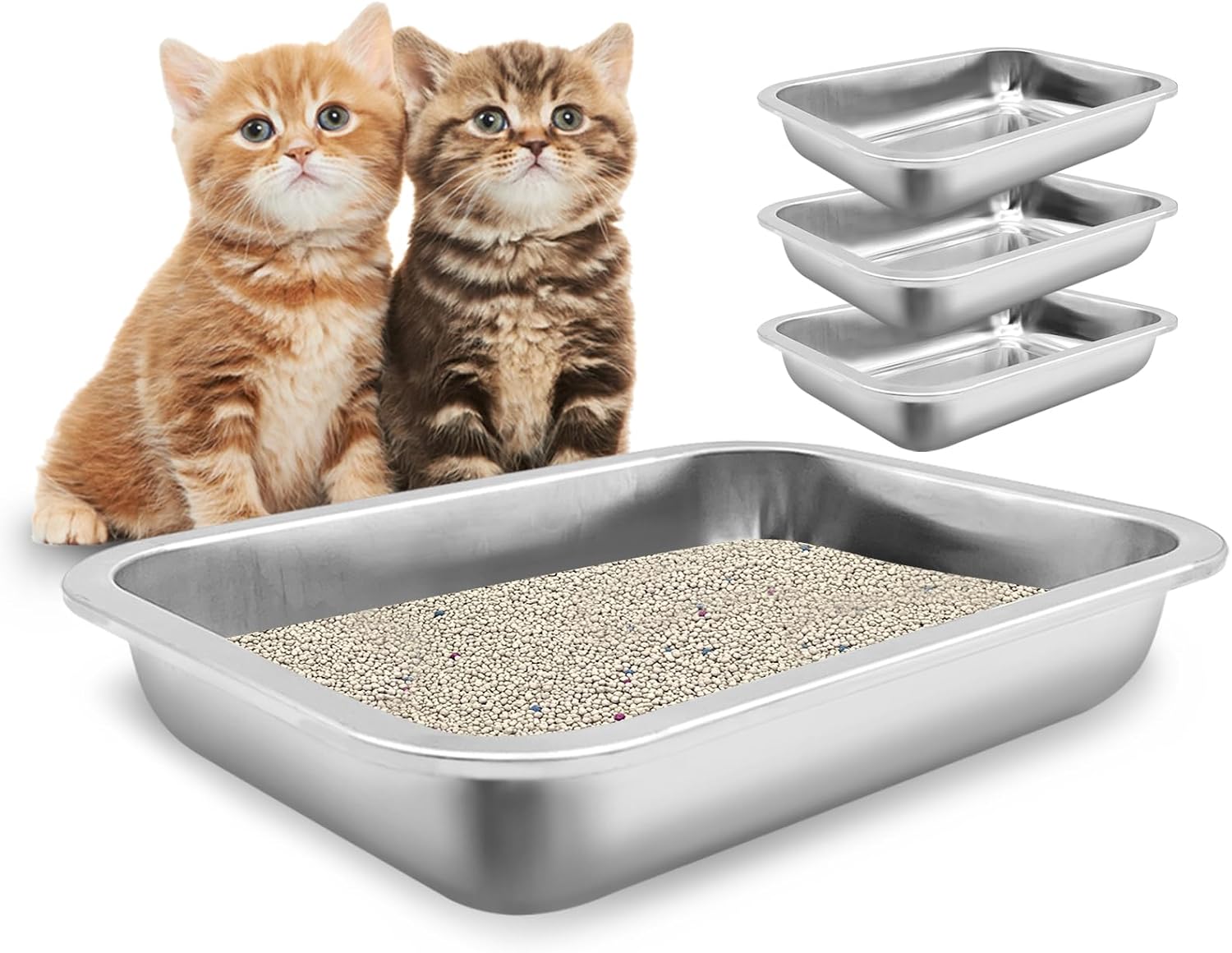 Fhiny 4Pack Stainless Steel Kitten Litter Box, Small Size Low Entry Metal Cat Open Litter Pan Potty Kitten Training Toilet Odor Control Smooth Surface XL:15.7 L×11.8 W×2 H