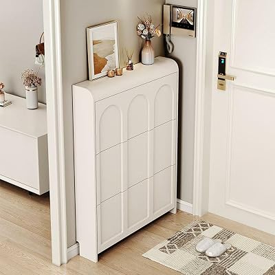 LITFAD Narrow White Manufactured Wood Shoe Storage Cabinet with Doors Modern Entryway Shoe Organizer Free Standing Hidden Shoe Cabinet - 24 L x 7 W x 44 H
