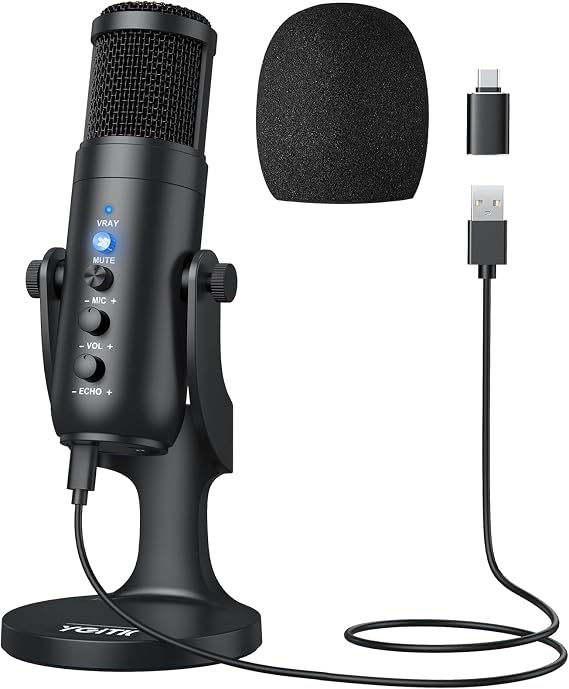 USB Condenser Microphone for Computer Plug & Play PC Mic with Echo Mic Gain, Volume Control, and Mute Button Cardioid Polar Pattern, Noise Cancelling, Headphone Output for Gaming, Streaming