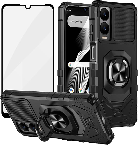 Ailiber for Cricket Debut S3 Stand Case, Screen Protector-Black | Flexible Stable Ring Kickstand Holder Military-Grade Drop Protection, Build-in Metal for Magnet Car Mount Armor Cover