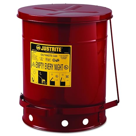 JUSTRITE 09300 Red Oily Waste Can, 10gal, Lever Lid