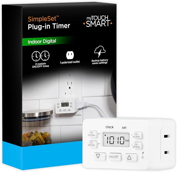 myTouchSmart Simple Set 2-On/Off Indoor Digital Plug-in Bar Timer | 2 Custom On/Off Times, Doesn't Block 2nd Outlet, Battery Backup, For Indoor Use, Plug-in Timer for Electrical Outlets