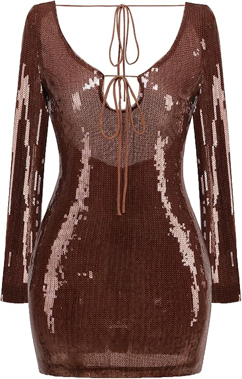 meilun Deep V Dress Sequin Dresses with Drawstring Long Sleeve Evening Dress for Women Short Gown