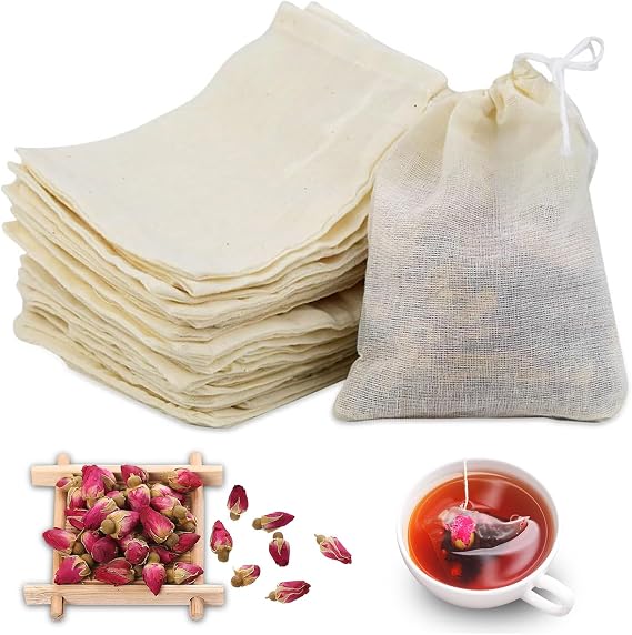 30 PCS Reusable Cotton Tea Bags with Drawstring Natural Loose Leaf Tea Filter Bags, Empty Herb & Seasoning Bags for Tea, Coffee, Spices, Soup, and DIY Scented Sachets