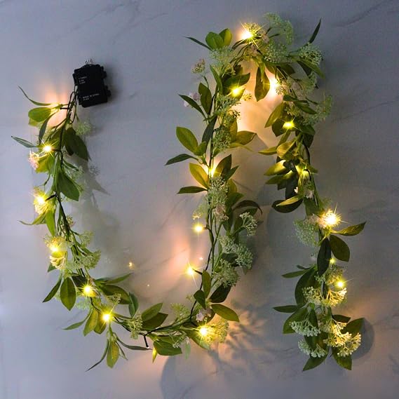 Greenery Garland for Mantle with Lights Battery Operated Vine Garland with Timer, Spring Summer Wedding Holiday Decor