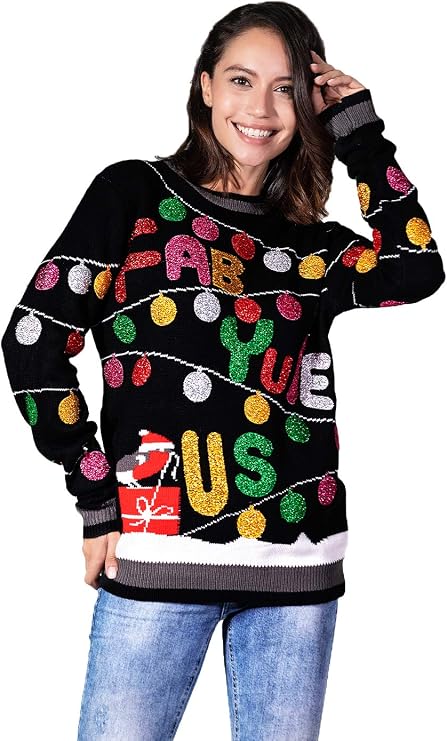 Women`s Ugly Christmas Sweater Unisex Men`s Funny Novelty Santa Pullover for Party Fabulous-Black Small