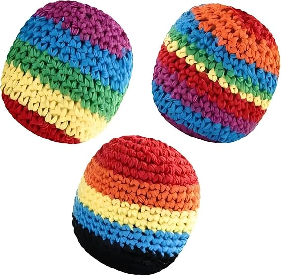 OYB 3Pcs Hacky Handmade Knitted Footbag, Assorted Footbag Crochet Hacky Sack for Adults, Soft Pellet Filled Sack for Hacky Skill Training, Random Color and Style Sent