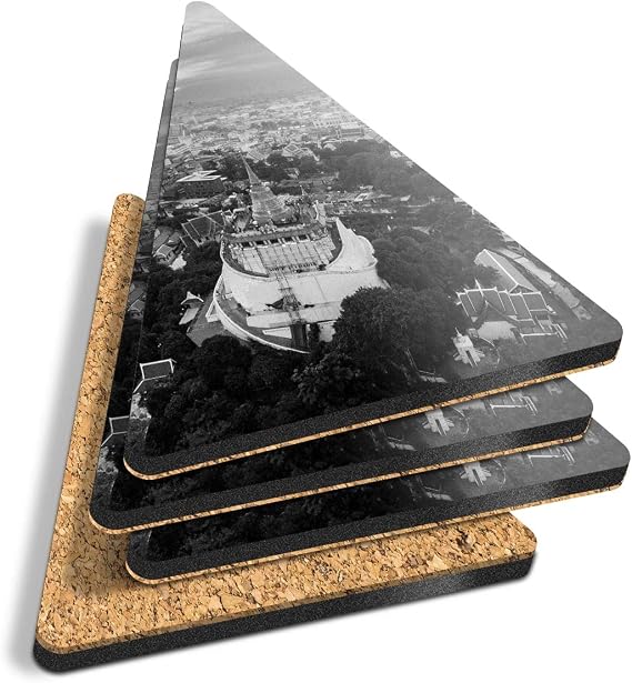 4 x Triangle Coasters - BW - Sunset Wat Saket Bangkok Thailand Travel Cork Backed MDF Glossy Tea Coffee Accessory #43611