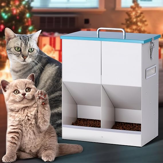 Automatic Cat Feeder Outdoor Dog Dry Food Dispenser Gravity Cat Feeder Pet Feeder for 2 Feral Barn Cats, 42cups/10L Dual