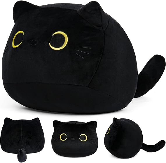 JellyMallow Black Cat Plush, Jumbo Cat Stuffed Animals, Kawaii Plush Pillow, Birthday Gift for Kids Boys Girls