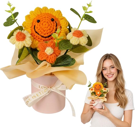 Crochet Flowers, Crochet Flower Bouquet, Knitted Flowers, Handmade Smiling Sunflower Decoration, Vibrant Home Accent Piece, Unique Crochet Floral Arrangement