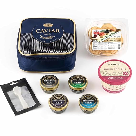 OLMA Regal Caviar Gift Set - 4 oz (112g) of Caviar, Includes Kaluga Royal, Siberian Osetra Aurora, Hackleback, White Sturgeon, Serving Spoon & Blinis - Superior Grade Fresh Roe Fish Eggs