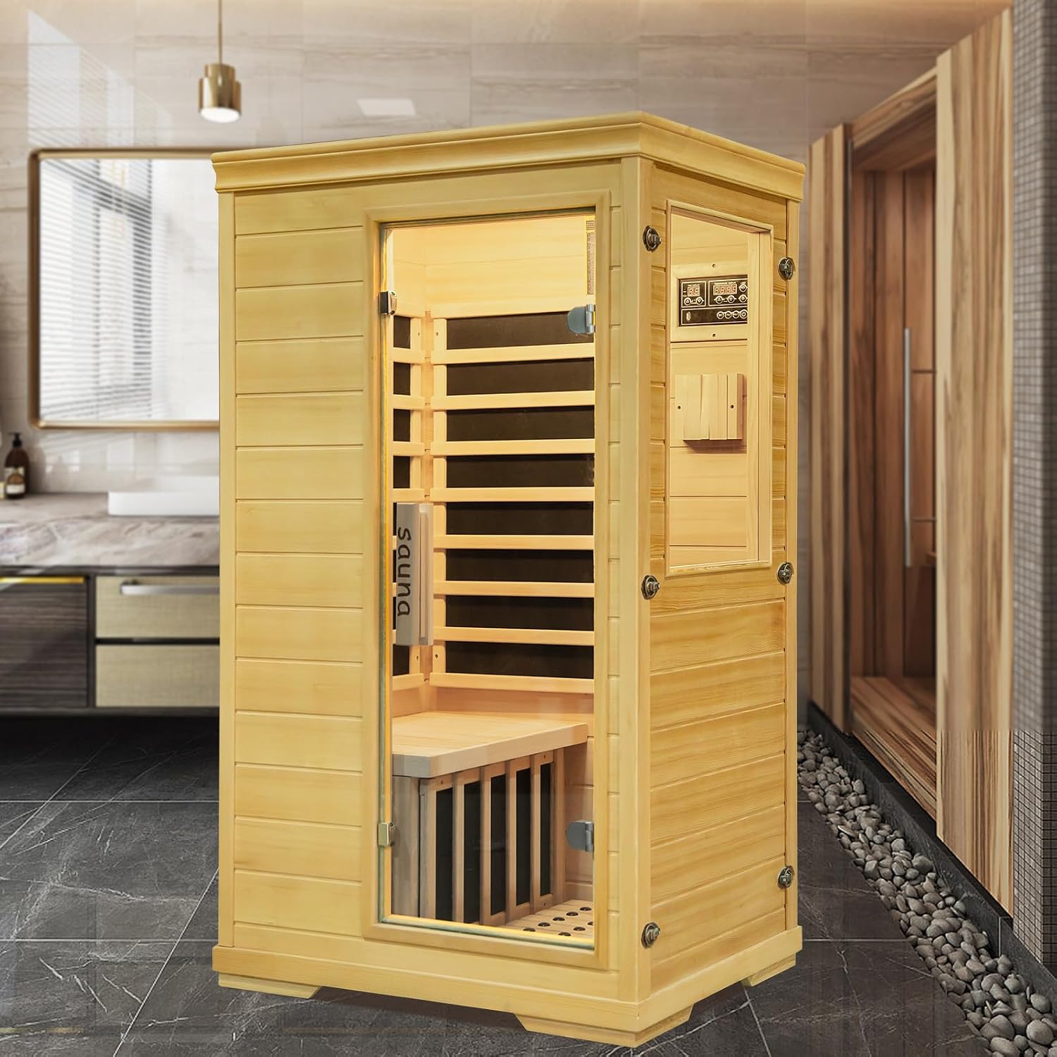 Far Infrared Sauna Room,1 Person Indoor Side-Opening Home Sauna Canadian Hemlock Wood Infrared Dry Sauna 1050W Carbon Heating Panels Infrared Home Spa for Christmas Valentine's Day Gift