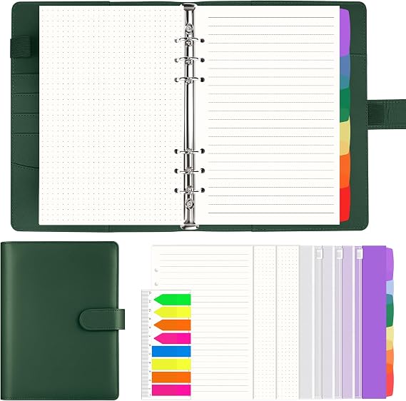 AKONEGE A5 Ring Binder 6 Ring PU Leather Refillable Notebook with 135PCS A5 Refill Papers, 3PCS Binder Pockets, 6PCS Index Dividers, Sticky Tabs, Planner Organizer for Travel Work School, Dark Green
