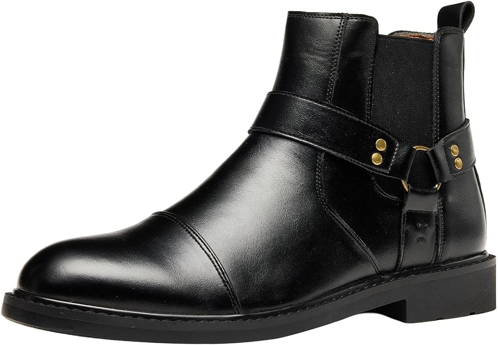 Men's Harness Boots, Chelsea Cowboy Biker Boot | Western Style, Biker Style,Buckle Strap, Side Zipper, Breathable Mesh Lining, Outfit, Causal Party Office Date