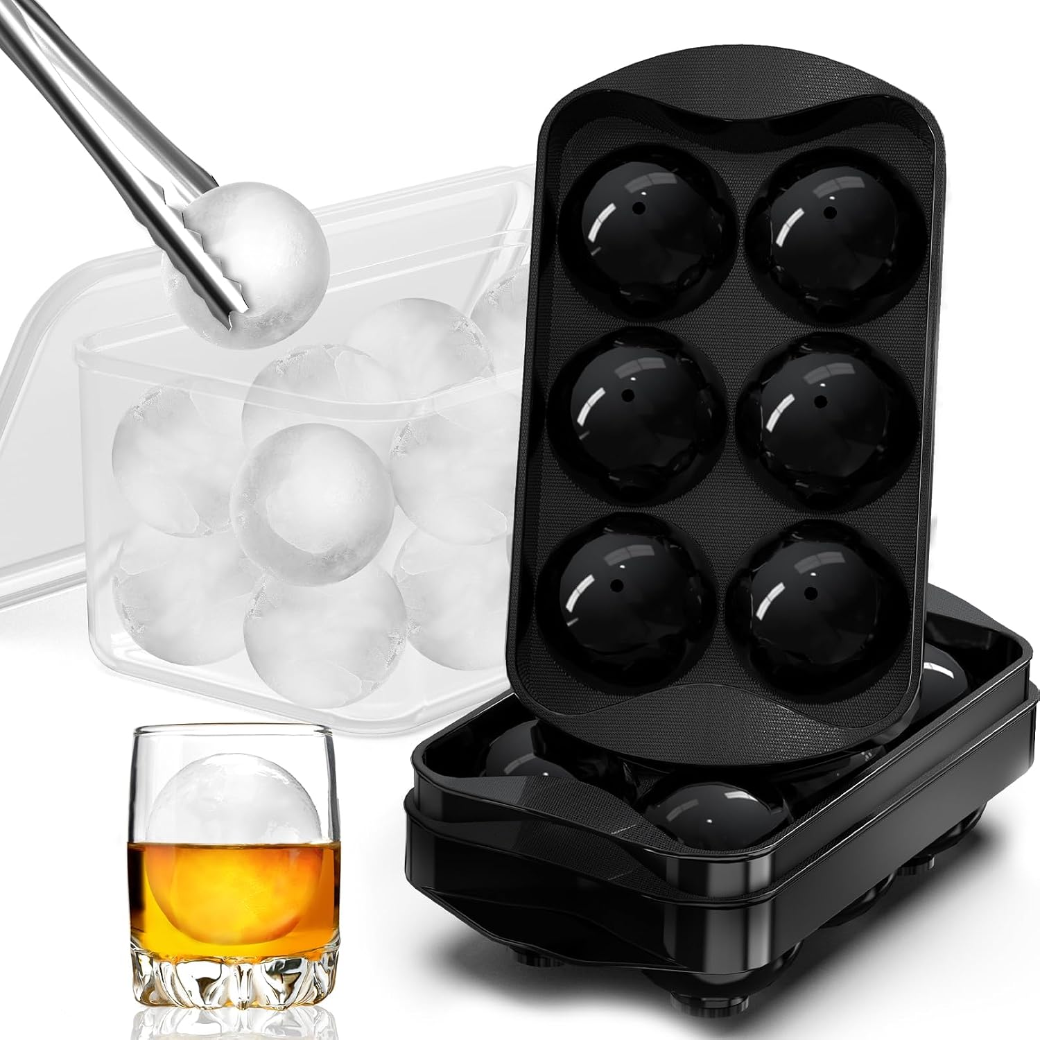 Whiskey Ice Ball Maker with Lid and Bin, 1.9 Round Ice Cube Trays for Freezer, Large Sphere Whisky Ices Cubes Tray Circle with Bucket&Tong, Cocktail Bourbon Brandy ScotchBlack-6 Balls2 Pack