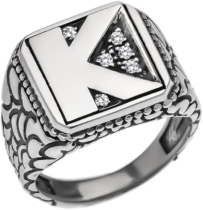 Men's Sterling Silver Diamond Initial "K" Nugget Ring