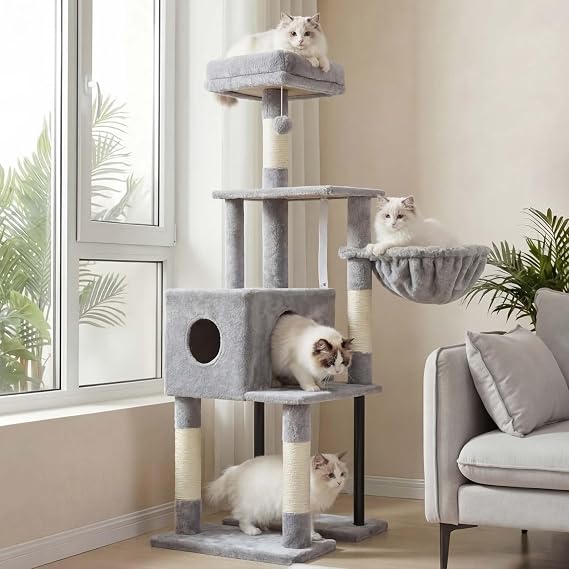 Heybly Cat Scratcher, Cat Tree 125 cm, Spacious and Comfortable Cat Tower with Den, Two Large Platforms, Basket, Sturdy Steel Tubes, Light Grey HCT200SW-
