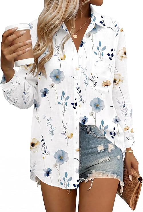 HOTOUCH Womens Button Down Shirts Linen Cotton Long Sleeve Blouse Loose Fit