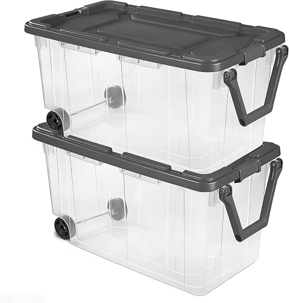 160 Quart Wheeled Stacker, Extra Large Durable Clear Bin, Latch Lid and Pull Handle, Gray, 2 Count
