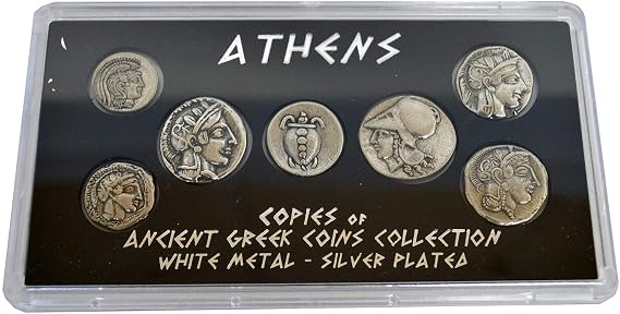 Estia Creations Athens Historical Replica 7 Silver Plated Coins - Ancient Greece Goddess Athena