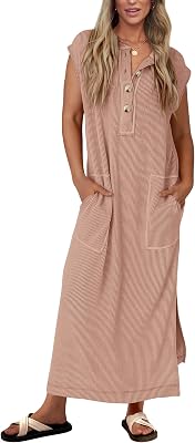 KIRUNDO Womens Summer Dresses 2026 Spring Ribbed Knit Henley Short Sleeve Maxi Dress Button Up Loose Beach Vacation Sundress
