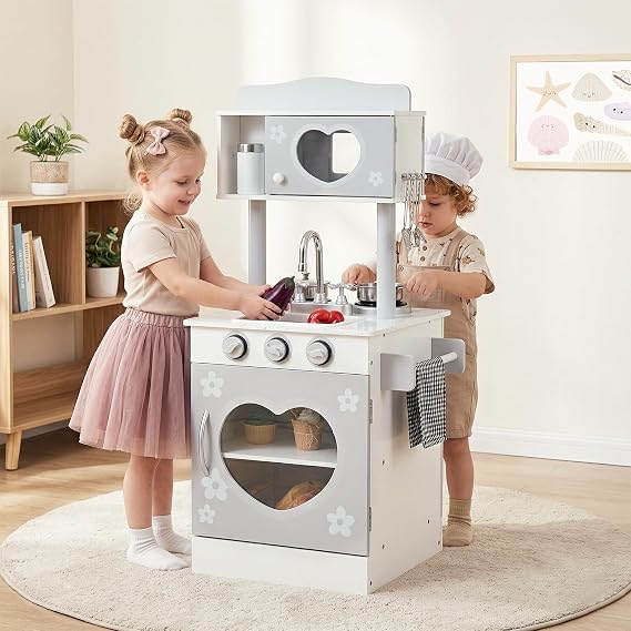 INFANS 2 in 1 Kids Play Kitchen and Restaurant, Double Sided Toddler Wooden Pretend Cooking Set with Stove Sink Microwave Storage Cabinet, Simulation Kitchen Toy Set for Boys Girls