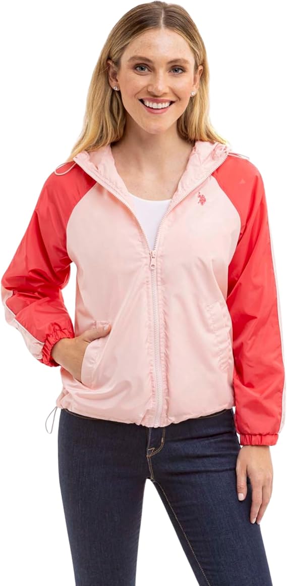 U.S. POLO ASSN. Women's Hooded Raglan Sleeve Varsity Windbreaker W/Piping Poly Mesh Lining Wind Breaker