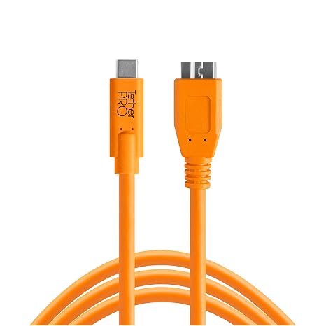 Tether Tools TetherPro USB-C to USB 3.0 Micro-B Cable | for Fast Transfer and Connection Between Camera and Computer | High Visibility Orange | 15 Feet (4.6 m) | 15ft USB-C to Micro-B 3.0 cable with shielding and reversible connector for tethering, data transfer and photography