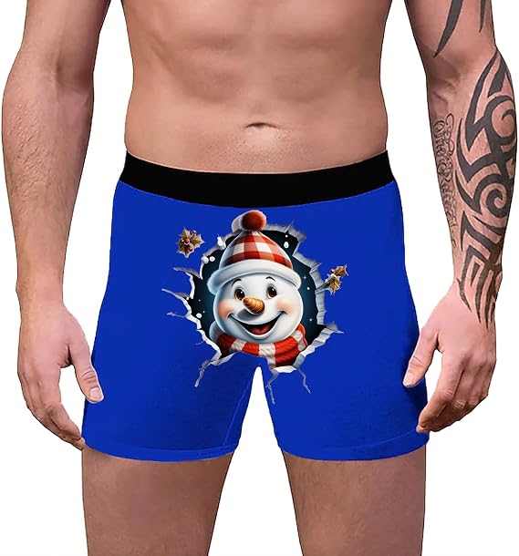 Christmas Boxer Shorts- Mens Loose Fit Boxers- Design Trunks Christmas Special Boyshort Style Boxers Reindeer Snowflake Santa Claus Printed Retro Underwear Loose Festive Costumes Plus Size Soft